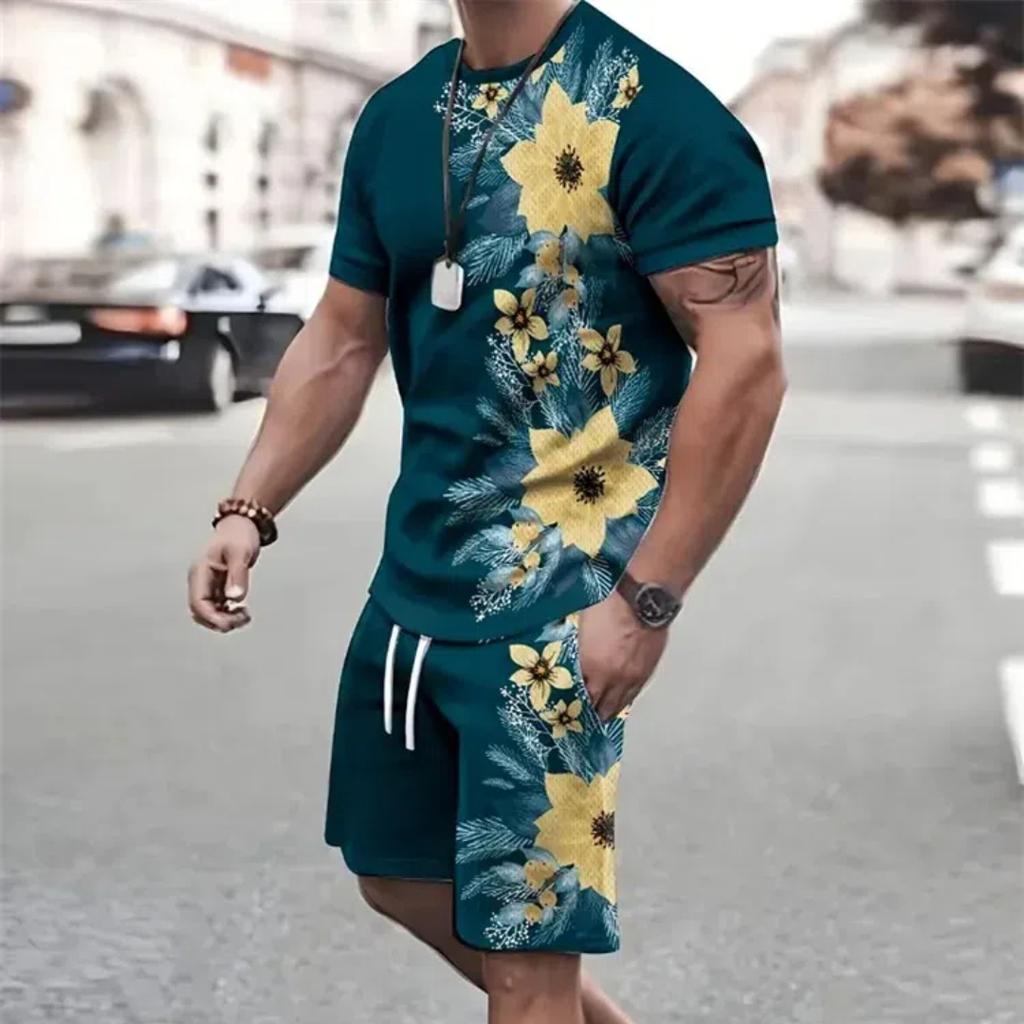 Летняя мода, футболка, шорты, комплект, темпераментный уличный мужской s, свободный топ с 3D короткими рукавами и градиентным кокосовым принтом, стиль
