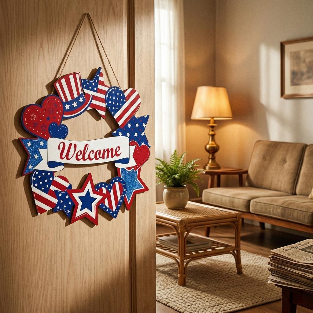 4th Of Welcome Door Sign, Patriotic Red Blue Wooden Hanging Decor