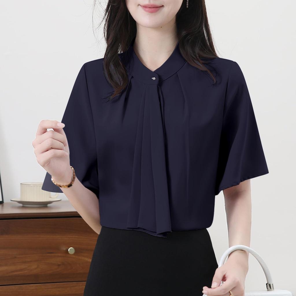 Рубашка Блузка для Короткого Тела Офисная Летняя [Yino] Женская, Рукав, Бант, Драпировка, Лента, Закрывающая, Стройнящая, Стильная, Аккуратная, Женственная, Взрослая, Милая,