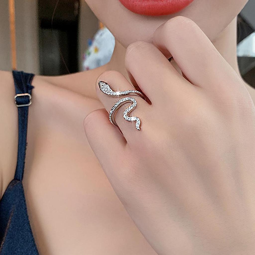 European & American Style Adjustable Copper Ring with Micro-Inlaid Sparkling Zircon and Serpent Design
