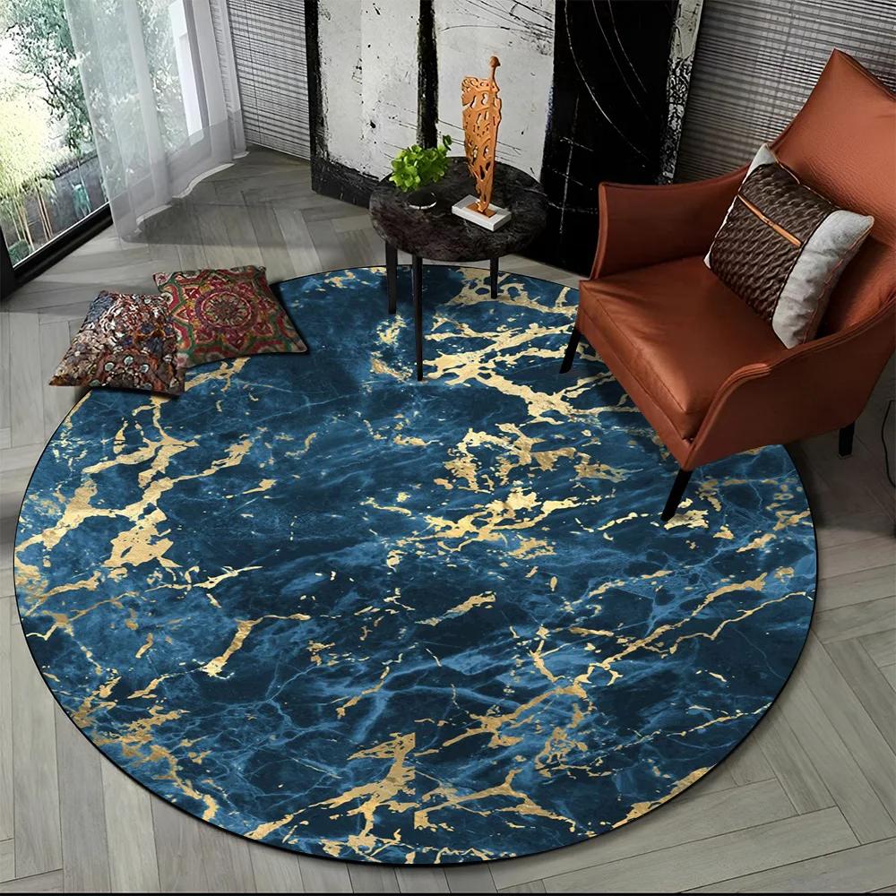 3D Luxurious Colour Marble Blue Green Gold Round Carpet Rug for Living Room Bedroom Child Chair Decor,Pet Area Rug Non-slip Mat