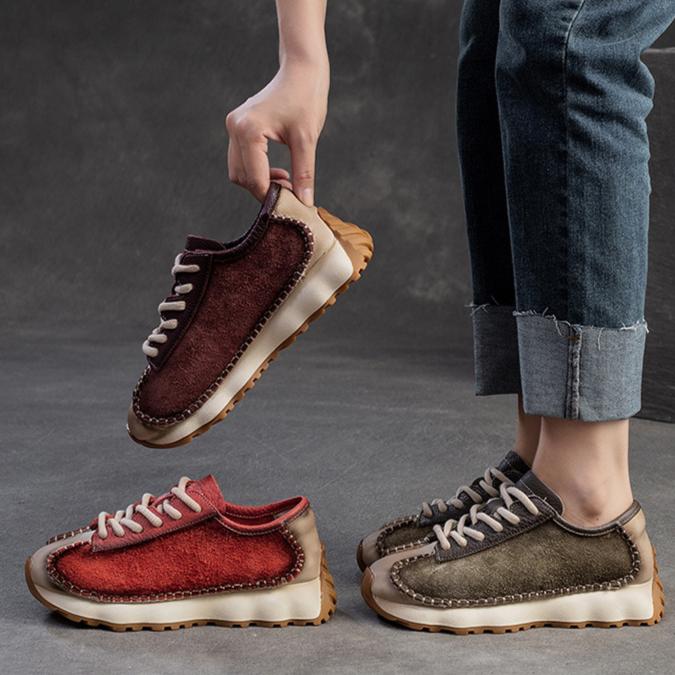 Johnature Retro yumaloq burunli haqiqiy charm krossovkalar ayollar poyafzali kundalik va ko'p qirrali yumshoq taglikli sport poyafzali