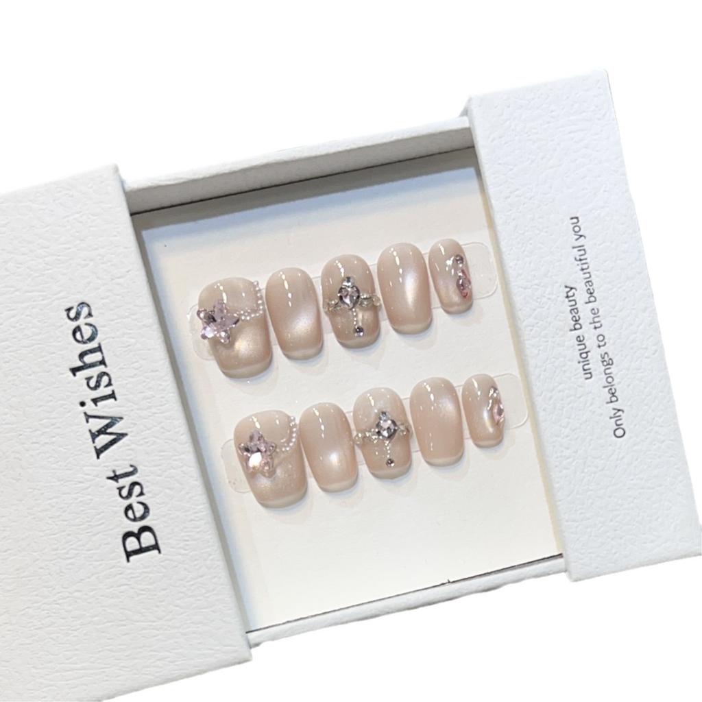 Short Fake Nails Handmade Nude Color Cat Eye Pearl Broken Diamond Love Nail Art Cute Style Wearable Nail Can Be Removed