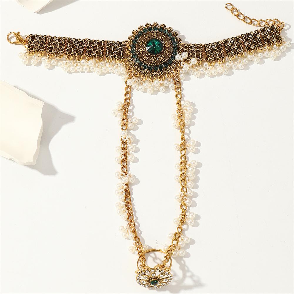 Бохо Ретро Женский Браслет Цельный Золотистый Кристалл Цветок Кольцо на Палец Браслеты Циркон Кисточка Свадебный Этнический Индийский Циркон