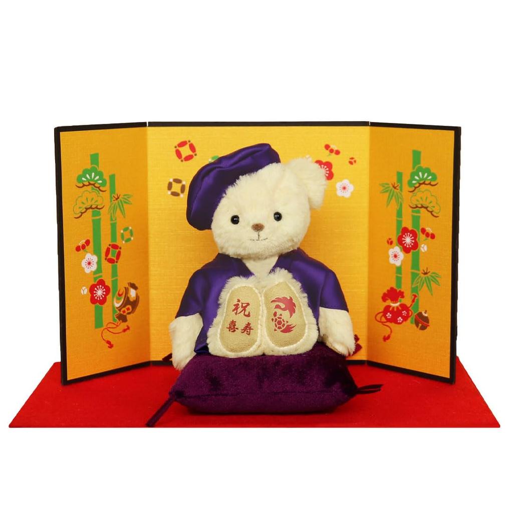Longevity Bear 12cm Small Size Folding 77th Birthday Normal [Petitrou] (Golden Screen)