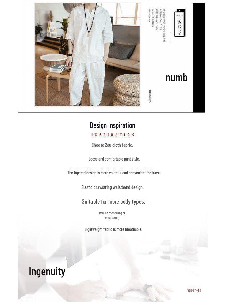 Men's Chinese Linen Pajama Set: Short Sleeve Hanfu Top with Frog Buttons and Cotton Linen Capri Pants In Trendy Loose Fit