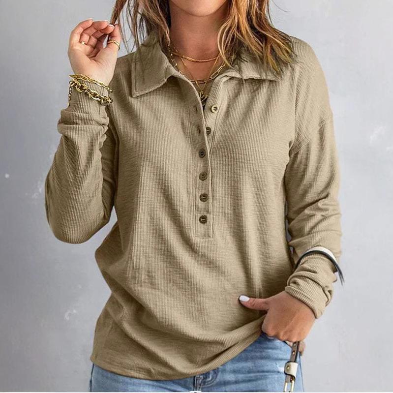 Однотонный трикотажный свитер на пуговицах с лацканами и длинными рукавами, свободная повседневная женская футболка