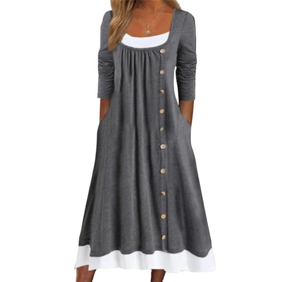 Женское осеннее платье, подходящее по цвету лоскутное платье из двух частей, плиссированное платье с пуговицами, трапециевидное платье с боковыми карманами и длинными рукавами, с круглым вырезом, миди-платье