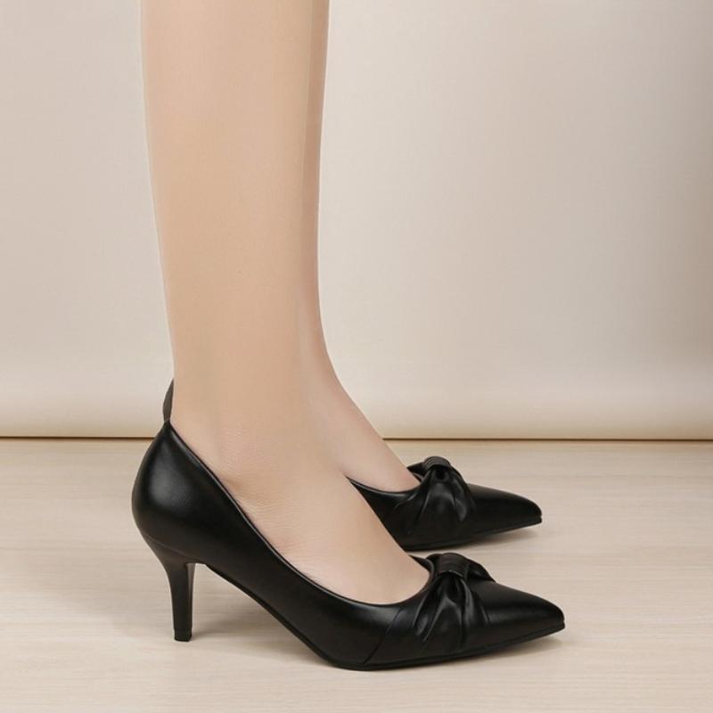 Мода 2025 Новые Классические Женские Туфли на Высоком Каблуке Модные Туфли-лодочки с Бантом и Острым Носком Средний Каблук Офисные Туфли Слипоны Рабочая Обувь Каблуки-шпильки
