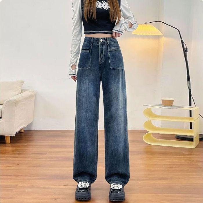 Женские джинсы с высокой посадкой и широкими штанинами - Весна/Осень 2025, в стиле ретро Гонконг, свободного прямого кроя с легкой драпировкой.