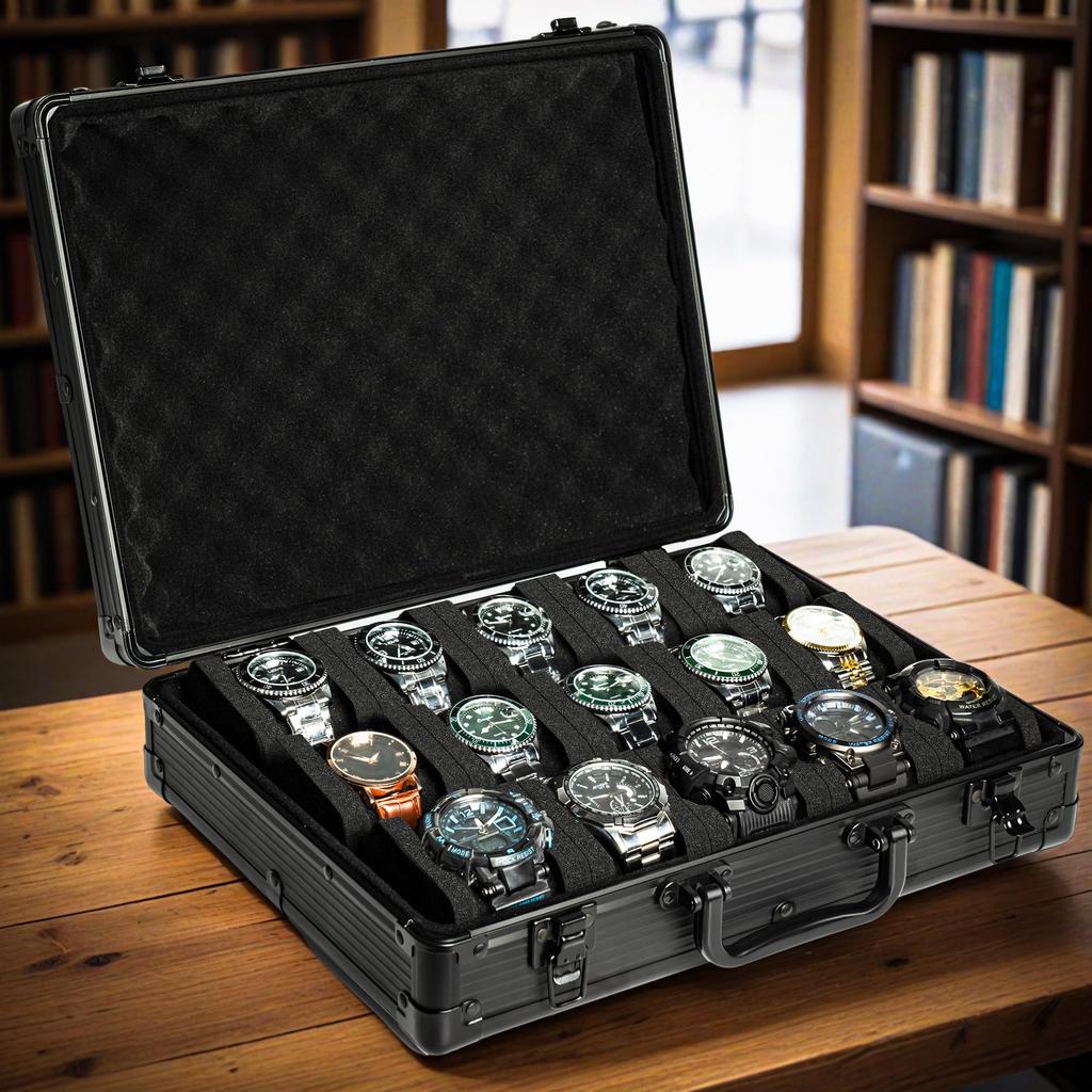 AUKURA Aluminum Watch Deluxe Watch Storage Box Display Fits Large Watches Up To 55mm 15-Slot Case, Organizer.