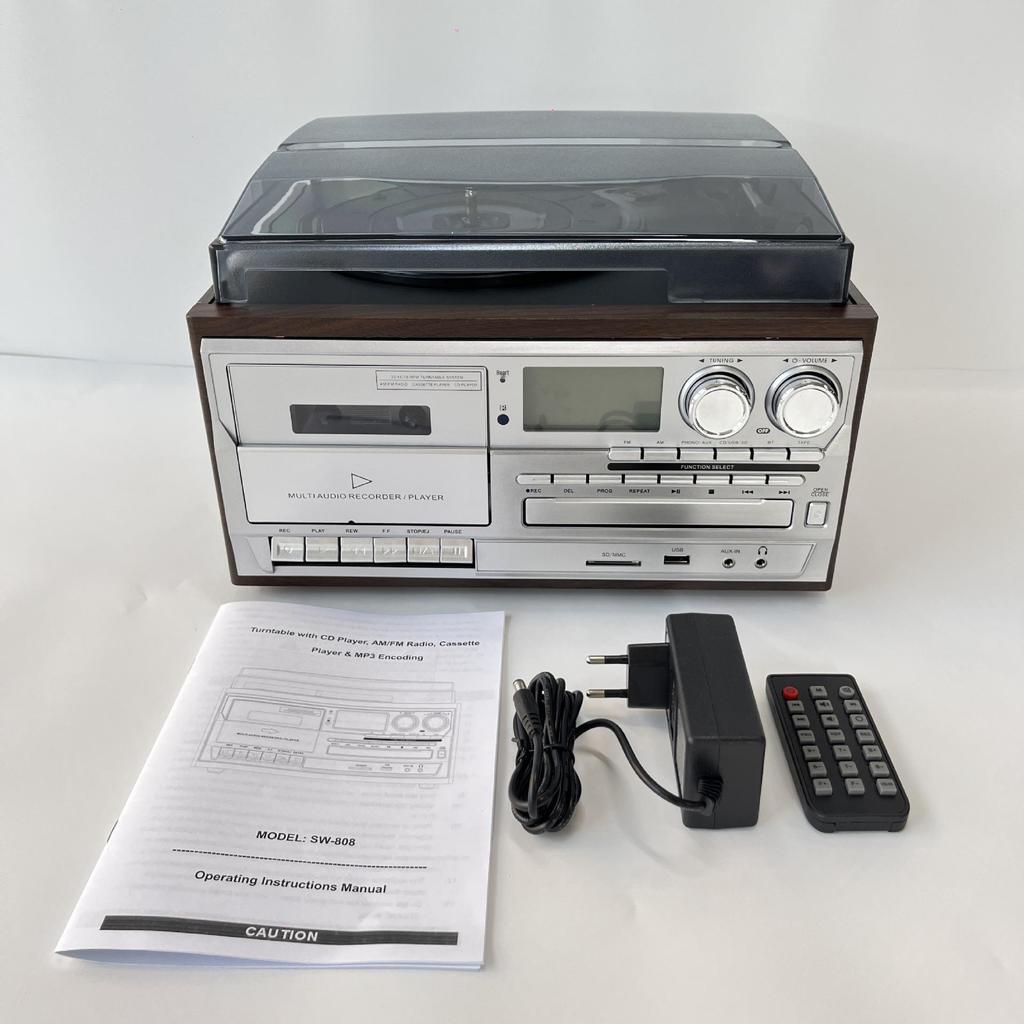 Ten-in-One Retro Vinyl Record Player: Bluetooth Speaker, Radio, Cassette & CD Player, Transcriber – Perfect Gift!