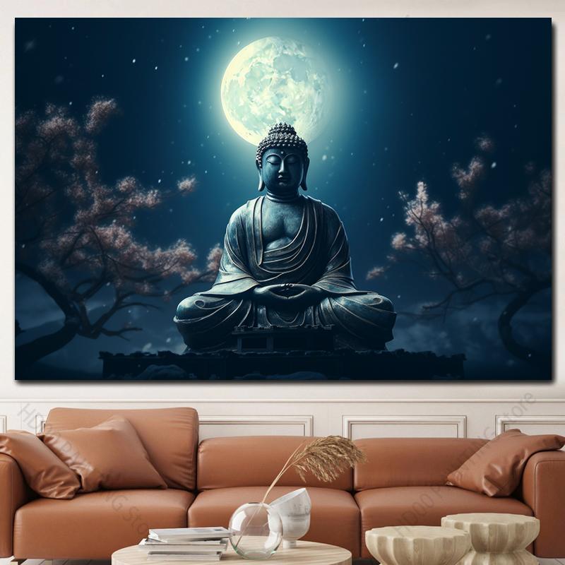 Buddha Statue Canvas Painting Buddah Statue and Candles Posters and Prints for Living Room Religious Wall Decor Unframe
