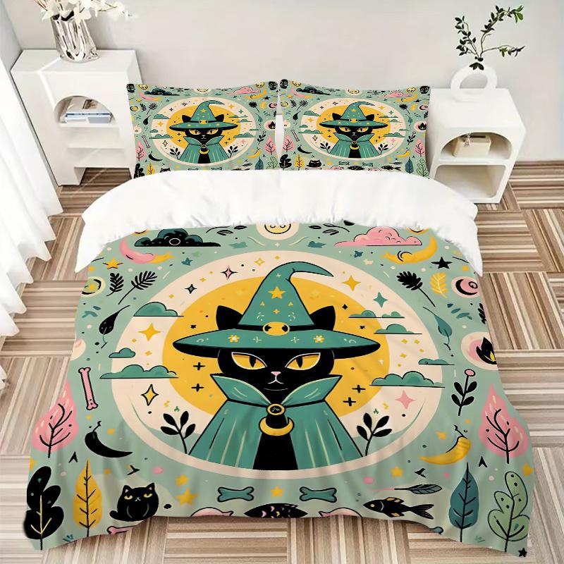 3pcs Green Wizard Cat Bedding Set - Includes Quilt Cover and Pillowcases, Suitable for All Seasons, Machine Washable - Ideal Gift for Family