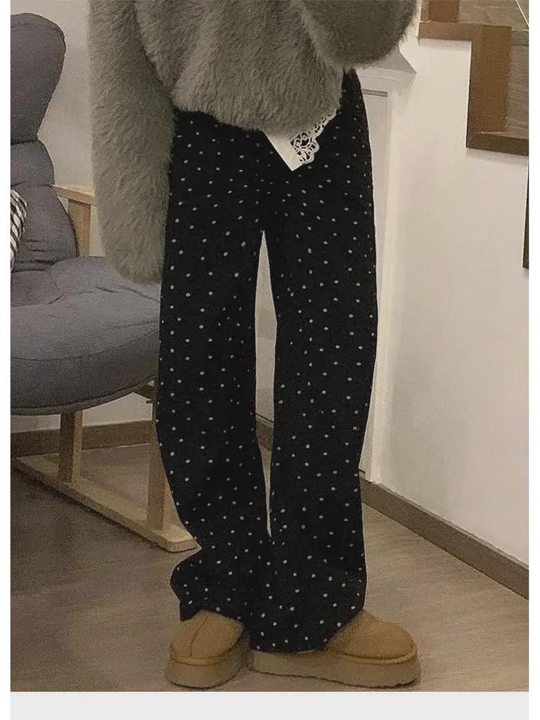 Женские широкие джинсы с высокой талией в черный горошек на осень - Большие размеры