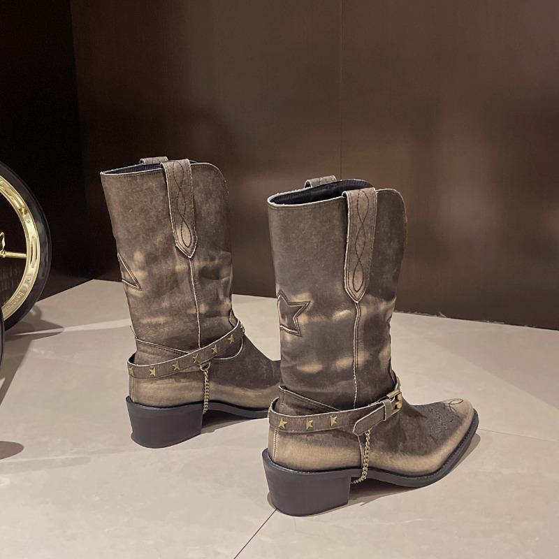 Модные осенние новые массивные одинарные ботинки женские модные заостренные вышитые металлические цепочки удобные ковбойские ботинки до середины голени