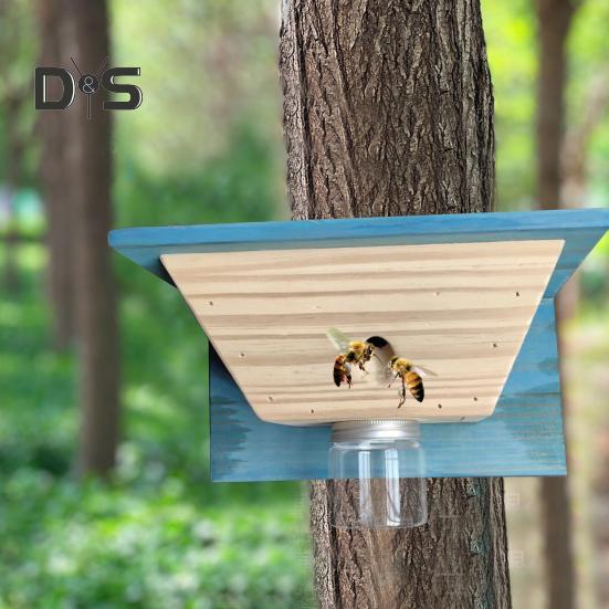 Wood House Carpenter Bee Trap with Clear Bottle Outside Natural Wood Boring Bee Trap Weather-proof Outdoor Hanging Bee Catcher