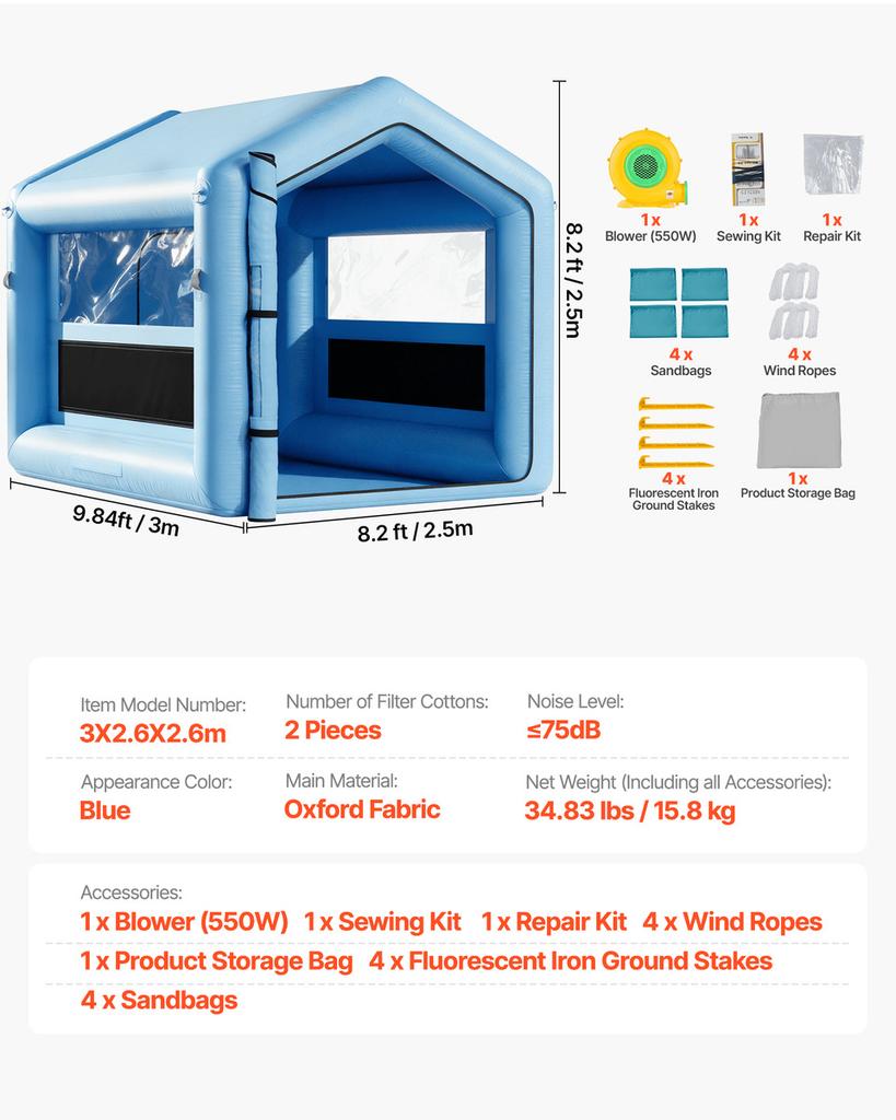 Inflatable Paint Booth, 3 x 2.5 x 2.5 m, Inflatable Spray Booth with 550W Powerful Blower and Air Filter System, Triangular Roof, for Painting