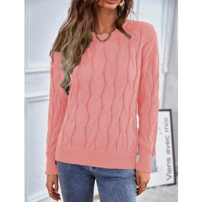 Womens Knitwear Cable Knit Sweater Autumn Round Neck Long Sleeve Pullover Tops Ladies Winter Casual Loose Jumper