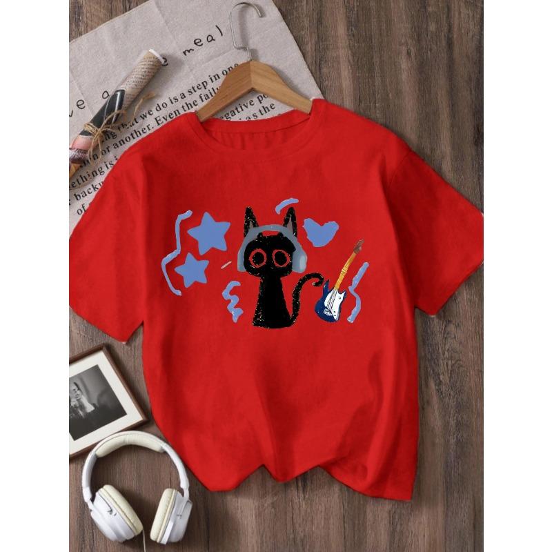 Kids Crewneck Short Sleeve Tee, Music Cat Print Casual Top for Boys Girls
