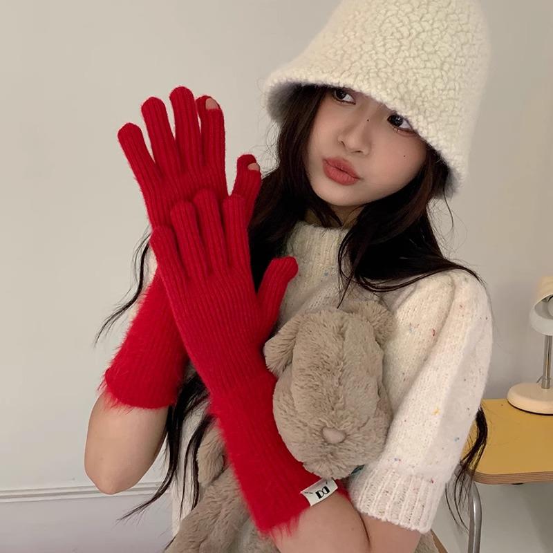 Осень и Зима Дофаминовый Однотонный Теплый Вязаный Варежки с Пятью Пальцами - Универсальные, Милые, Длинный Велосипедный Рукав для Девочек