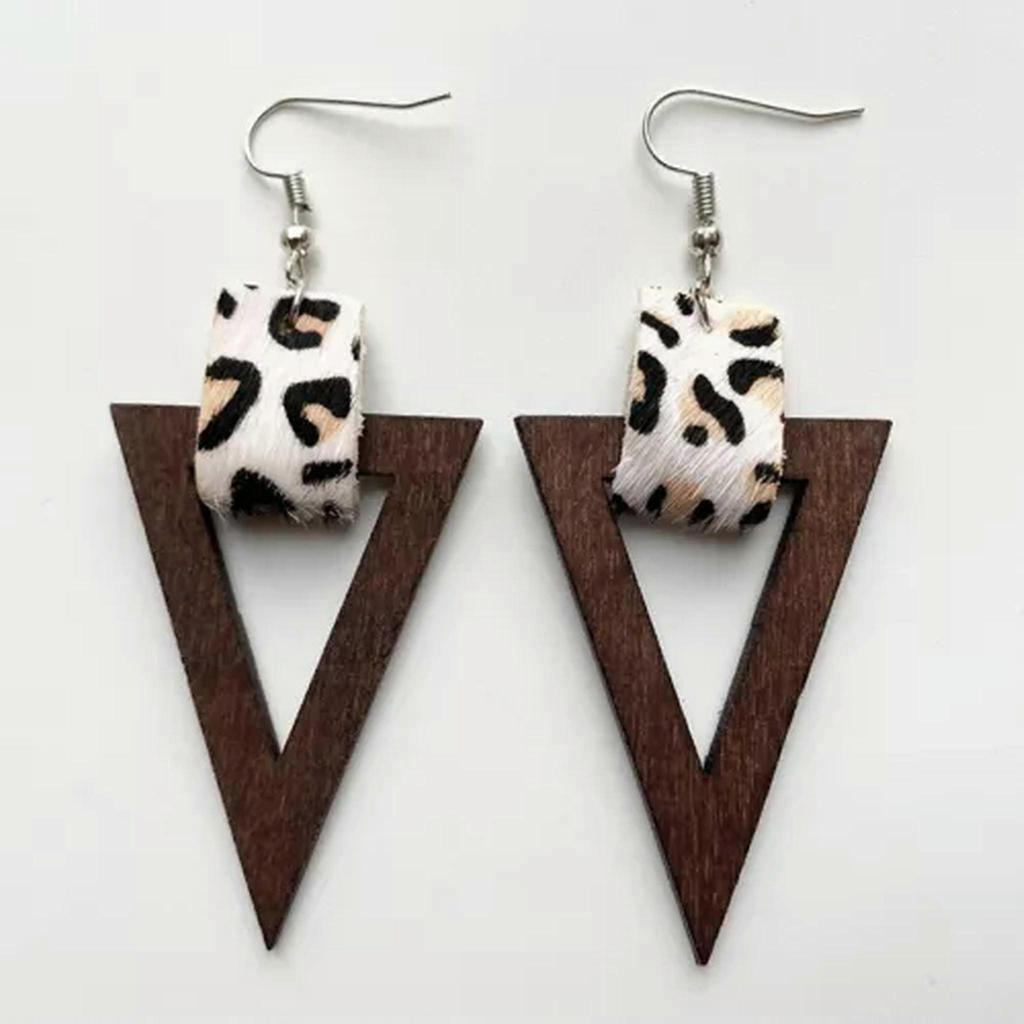 RSAMD Genuine Leather Wood Triangle Geometric Drop Earrings Statement Wooden Jewelry-#1