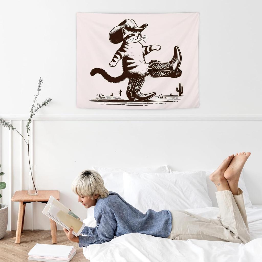 NATSUNO Western Tapestry, Funny Western Cowboy Cat Wall Tapestry for Bedroom, Retro Wild West Country Cat Tapestries Wall Hanging for Home Bedroom