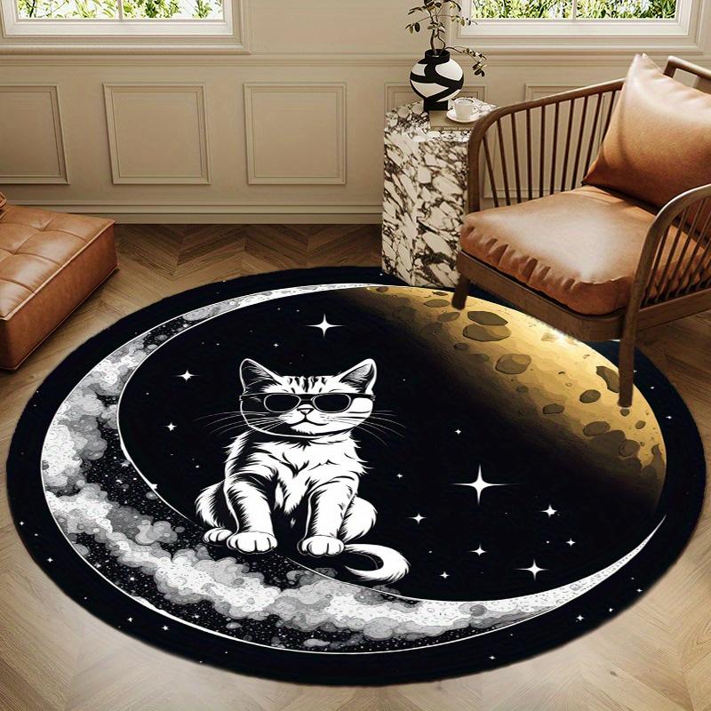 S Cool Moon Cat Round Rug Nonslip Area Rug Office Chair Mat Carpet For Living Room Bedroom Home Decor