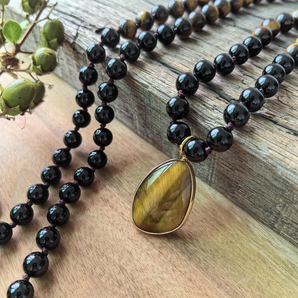 Black Onyx,Terahertz Mala Necklace,Tiger's Eye Pendant,108 Knotted Beads Meditation Mala,Healing Crystals Yoga Jewelry Gift