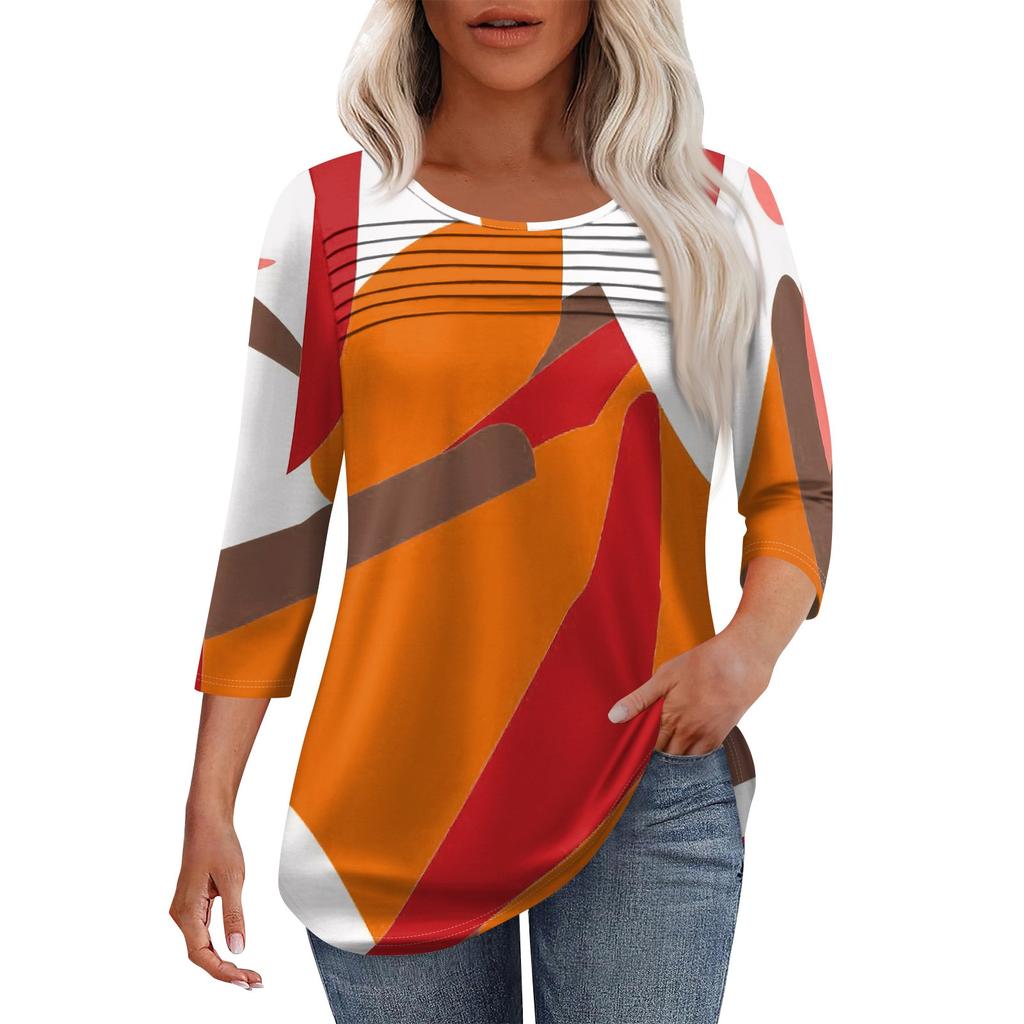 Женская мода круглый вырез шея плиссированная передняя планка однотонный топ рукав 3/4