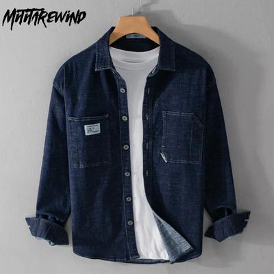 Джинсовая рубашка в корейском стиле, мужская весенне-осенняя повседневная рубашка-карго, облегающая хлопковая джинсовая рубашка с длинными рукавами, мужские топы с карманами, молодежная популярная мужская одежда
