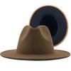 Simple Unisex Outer Khaki Inner Black Wool Felt Jazz Fedora Hats with Men Women Wide Brim Panama Trilby Cap 56-58-60CM