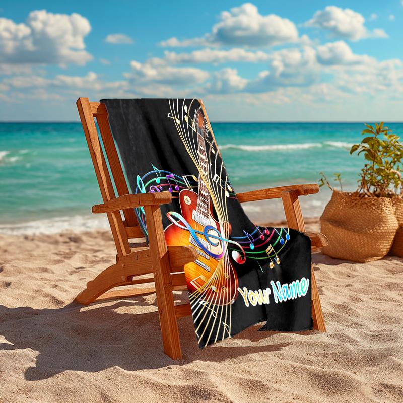 1PC Custom Name Music Notes Guitar Art Beach Towel Highly Absorbent And Sand-Resistant Towel for Swimming, Pool, Yoga, And Travel Lightweight