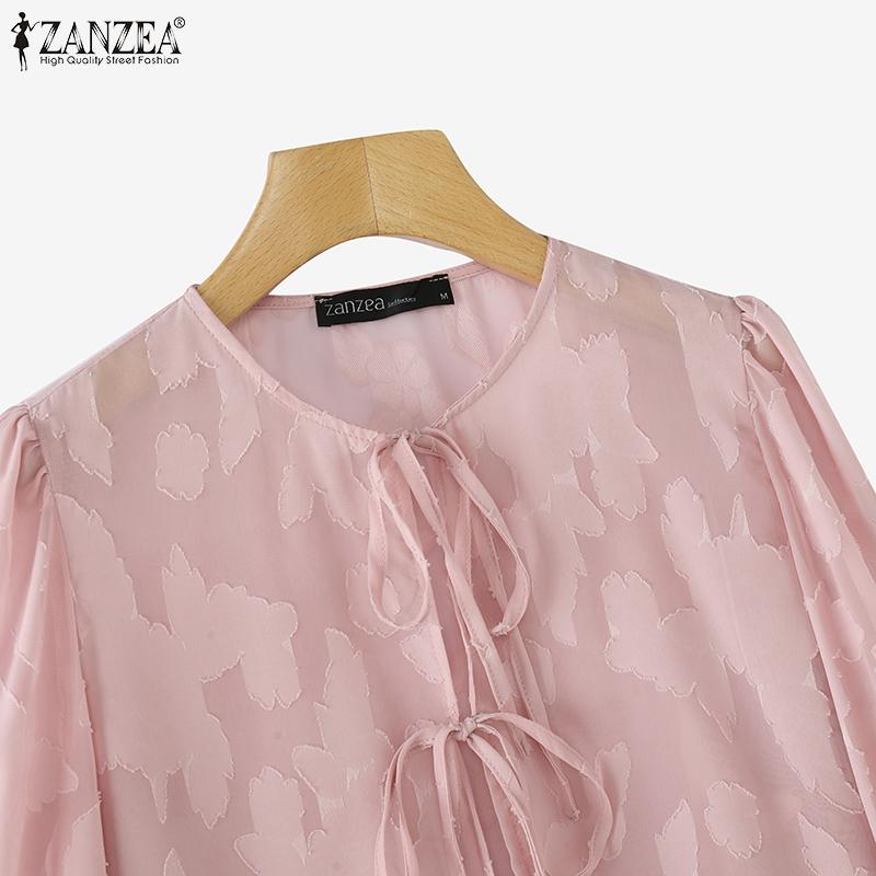 ZANZEA Женская повседневная кружевная круглая горловина с длинным рукавом полупрозрачная блузка