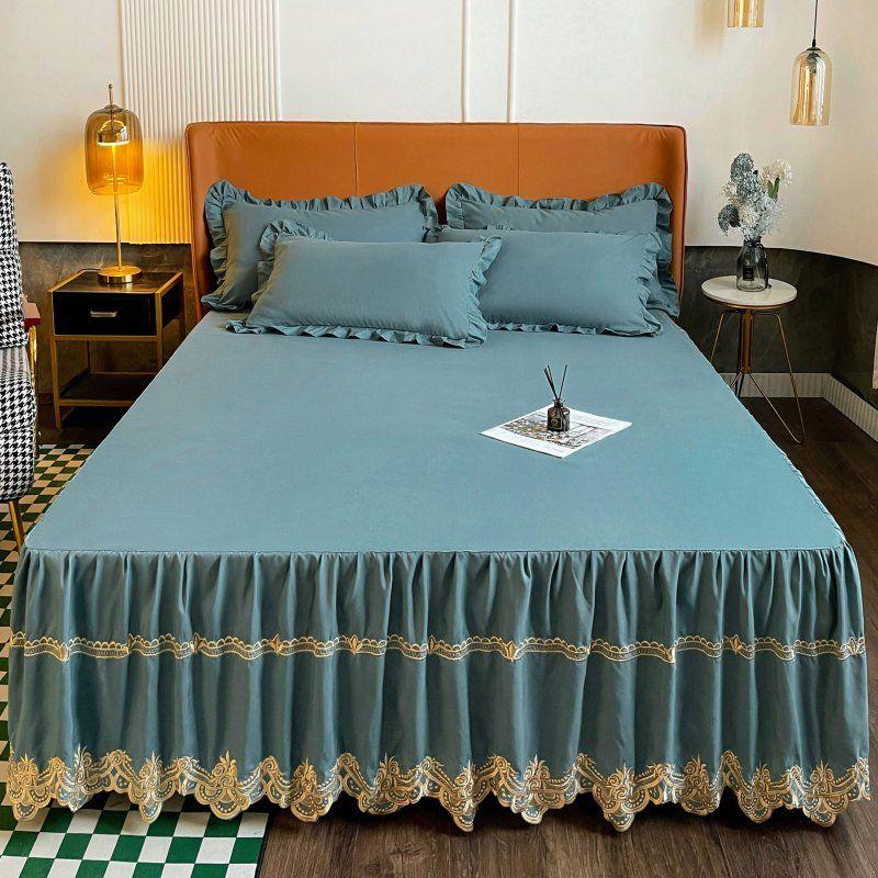 Luxurious Embroidery Bed Skirt Bed Sheet Smooth Comfortable Breathable Sleeping Bedspreads Plain Bed Cover for Bedroom