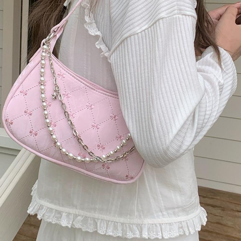Korean Style Handheld Bag Fashion New Pearl Chain Bag Sweet and Cute Zipper Axillary Bags Women Solid Crossbody Bag Shoulder Bag