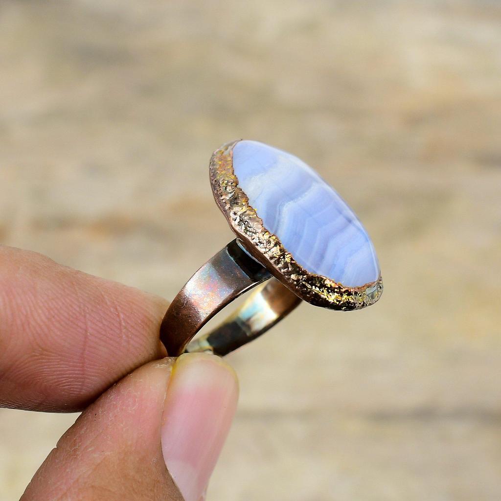 Кольцо с голубым кружевным агатом, гальванопластическое медное кольцо, регулируемые кольца, ювелирные изделия ручной работы, кольцо с драгоценным камнем, гальванопластическое медное ювелирное изделие, подарок на годовщину