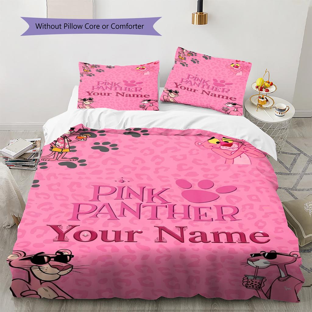 Name Custom Pink Panther Pattern Bedding Set Quilt Cover Pillowcase Home Decor Gift (1 * duvet cover + 2 * pillowcase, without core)