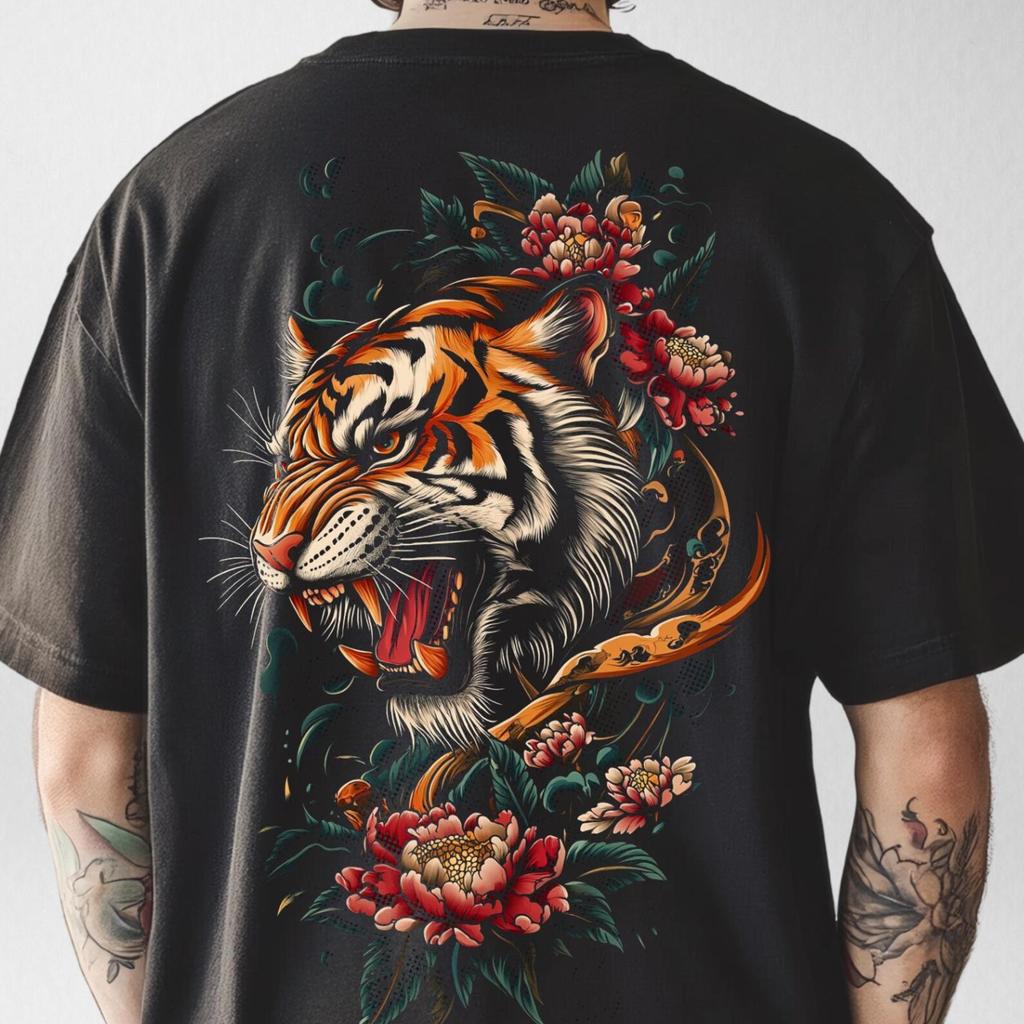 Oversized Japanese Tiger T-Shirt – Floral Streetwear Tee, Traditional Vintage Japanese Streetwear