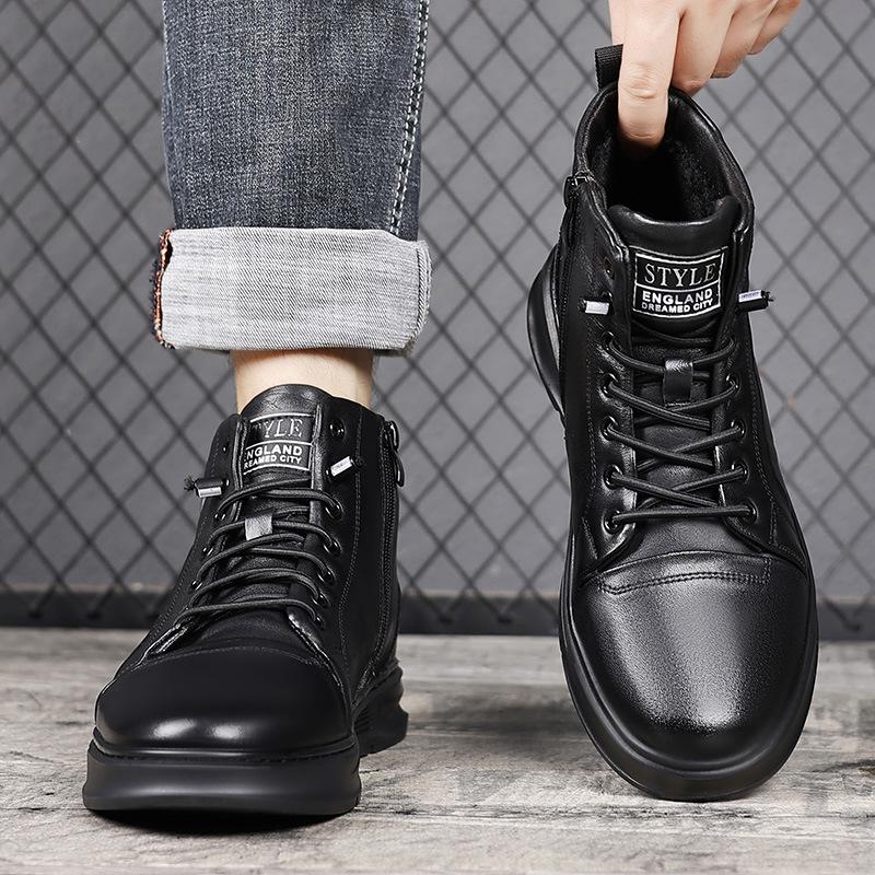 High-top Men's Shoes, Winter Men's Versatile Trend, Leather Fleece Casual Board Shoes, Men's Workwear Style Boots, Men's Black
