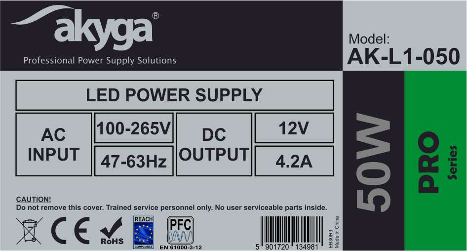 Akyga Ak-L1-050 Modular LED Power Supply 50W 12V 4.2A Internal Switching For Strips