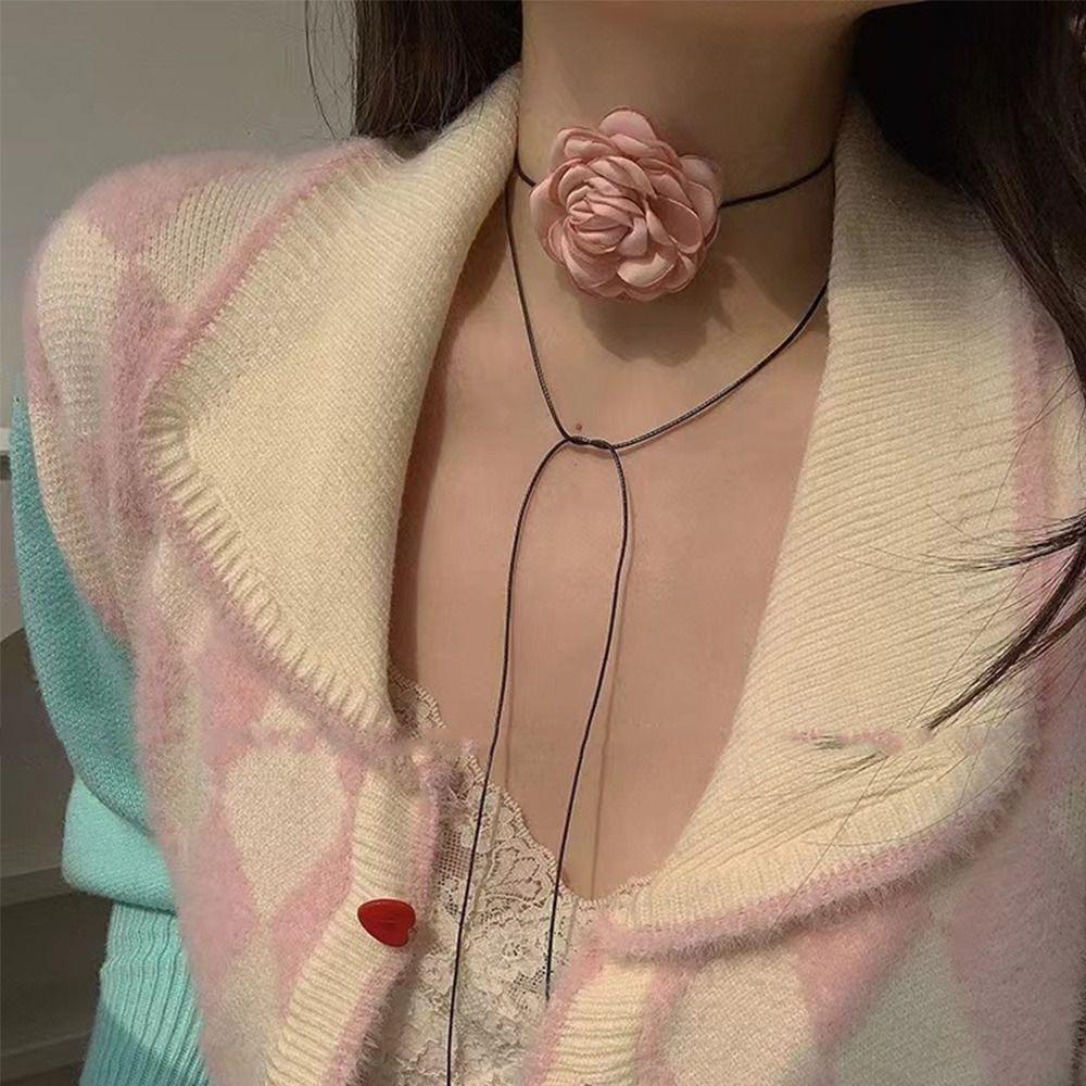 Cloth Big Flower Choker Lace-up Rope Knot Clavicle Chain Exquisite Flower Necklace  Women