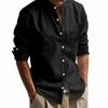 Мужская льняная рубашка с длинным рукавом, воротник-стойка, дышащая, повседневная, с карманом, легкий летний топ
