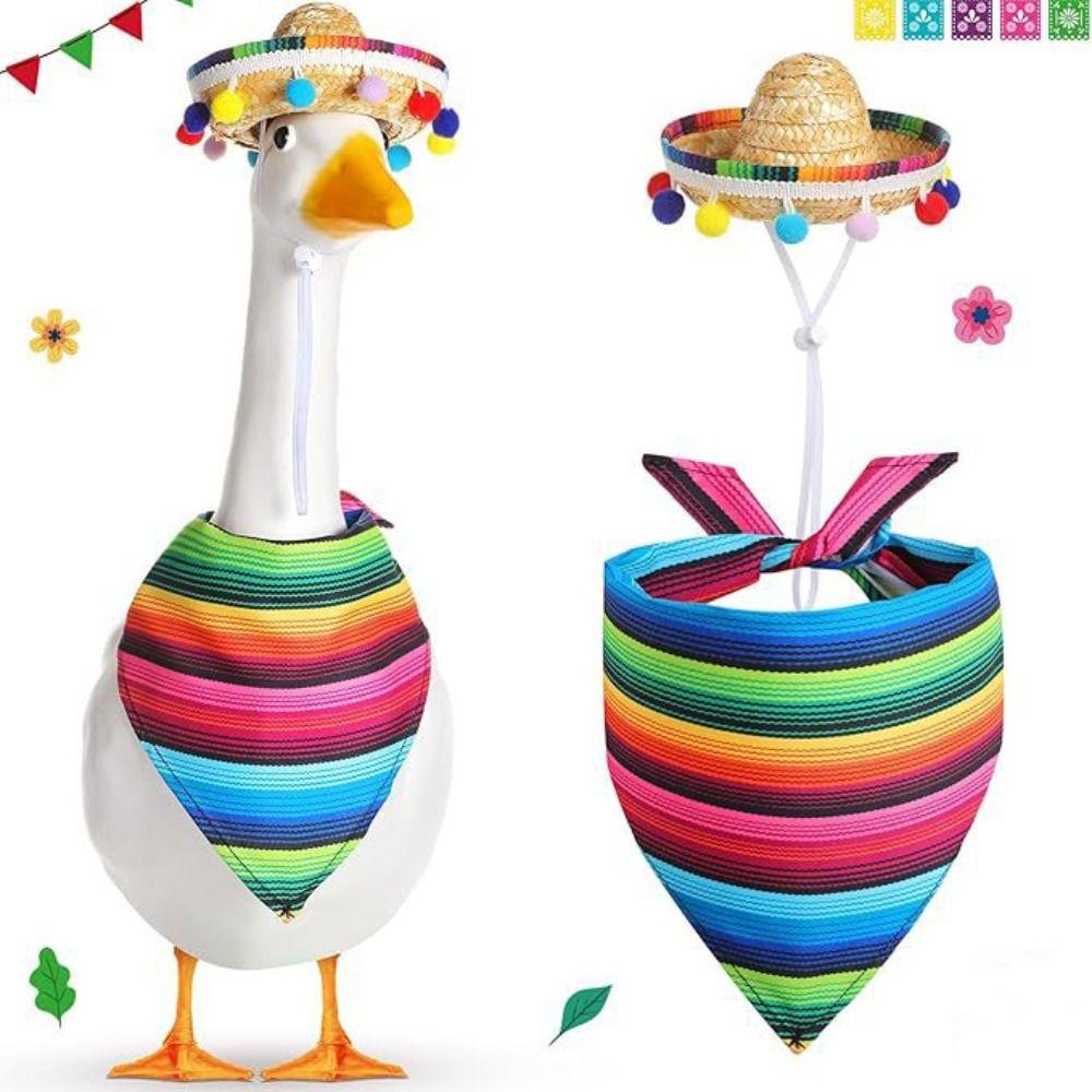 Adjustable Pet Hat Scarf Mexican Style Multicolor Striped Pet Triangle Scarf with Glasses Pet Bibs Decorative Big White Goose