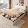 Wooden bed 140 × 200 cm, hydraulic frame, storage space, upholstered headrest, headboard, shelf, compartment, USB port, night light, wood colour
