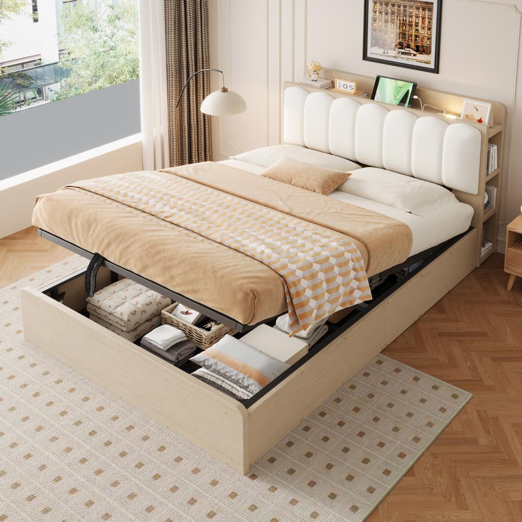 Wooden bed 140 × 200 cm, hydraulic frame, storage space, upholstered headrest, headboard, shelf, compartment, USB port, night light, wood colour