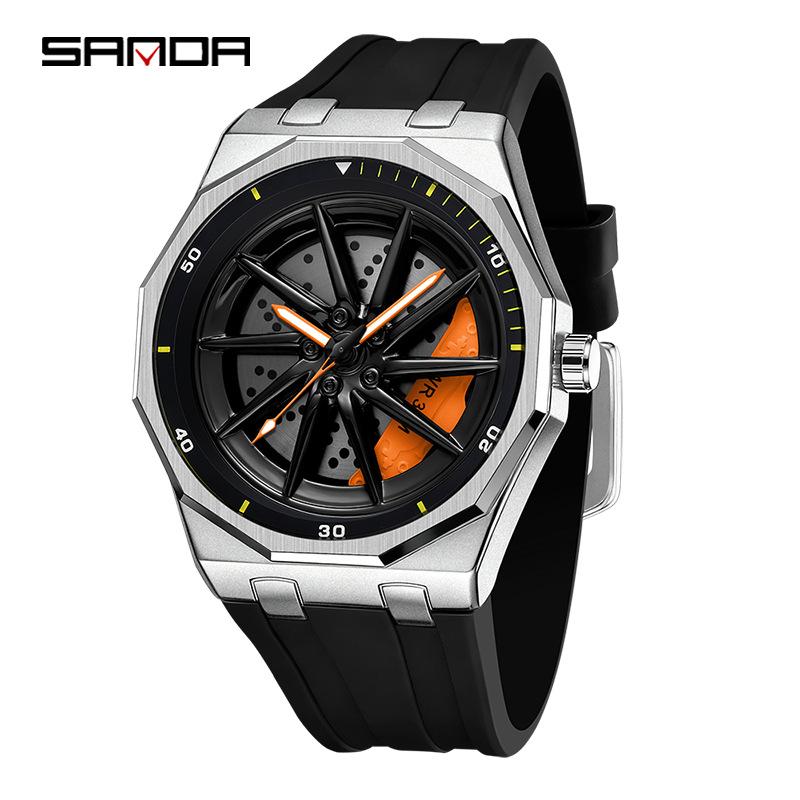 Fashion Sanda Top Brand Men's 360° Rotating Car Wheel Skeleton Dial Watch Luminous Quartz Sport Silicone Strap For Student Watch