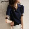Летняя новая футболка с коротким рукавом, облегающая, трикотажная, пэчворк, с воротником поло, женская, простая, на каждый день, пуловер, топ, женские винтажные джемперы, футболка