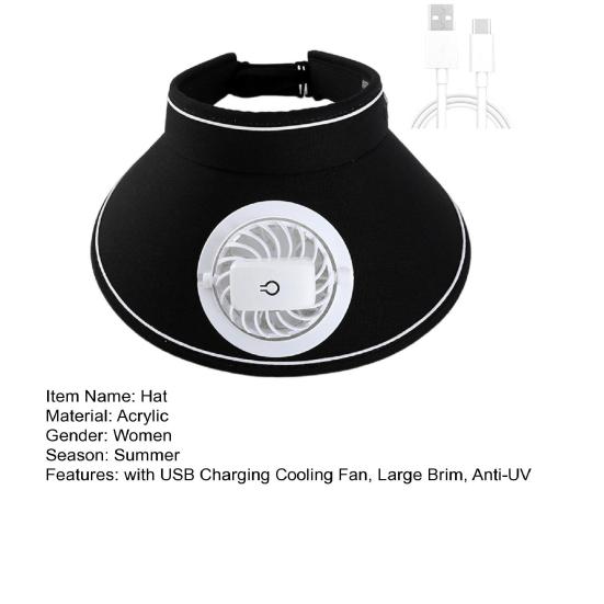 Женская шляпа-веер для отдыха на открытом воздухе с регулируемым пустым верхом, защитой от ультрафиолета, большими полями и USB-зарядкой, охлаждающим вентилятором, пляжной шляпой для путешествий от солнца
