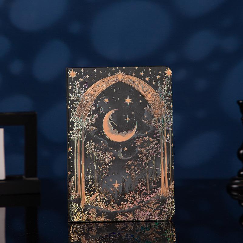 Vintage A5 Notebook Gothic European Style,Hot Stamping Moon Hardcover Cover,128 Sheets 100GSM,Full-Color Illustrated Notepad